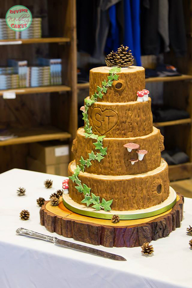 a wedding cake in a rustic style looking like tree slices