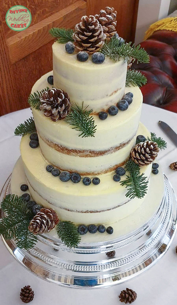 semi naked wedding cake with a christmas theme